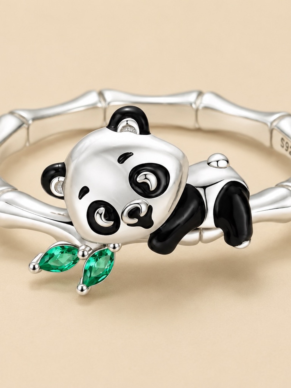Panda Bamboo Ring with Green Crystal Leaves